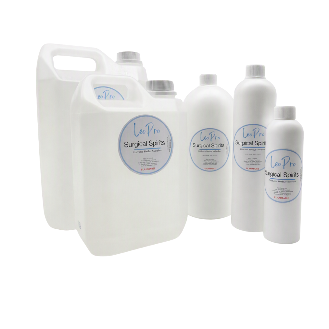 A collection of LeoPro Surgical Spirits in white and clear plastic bottles with light blue and white labelling on a white background