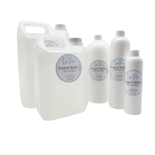 A collection of LeoPro Surgical Spirits in white and clear plastic bottles with light blue and white labelling on a white background