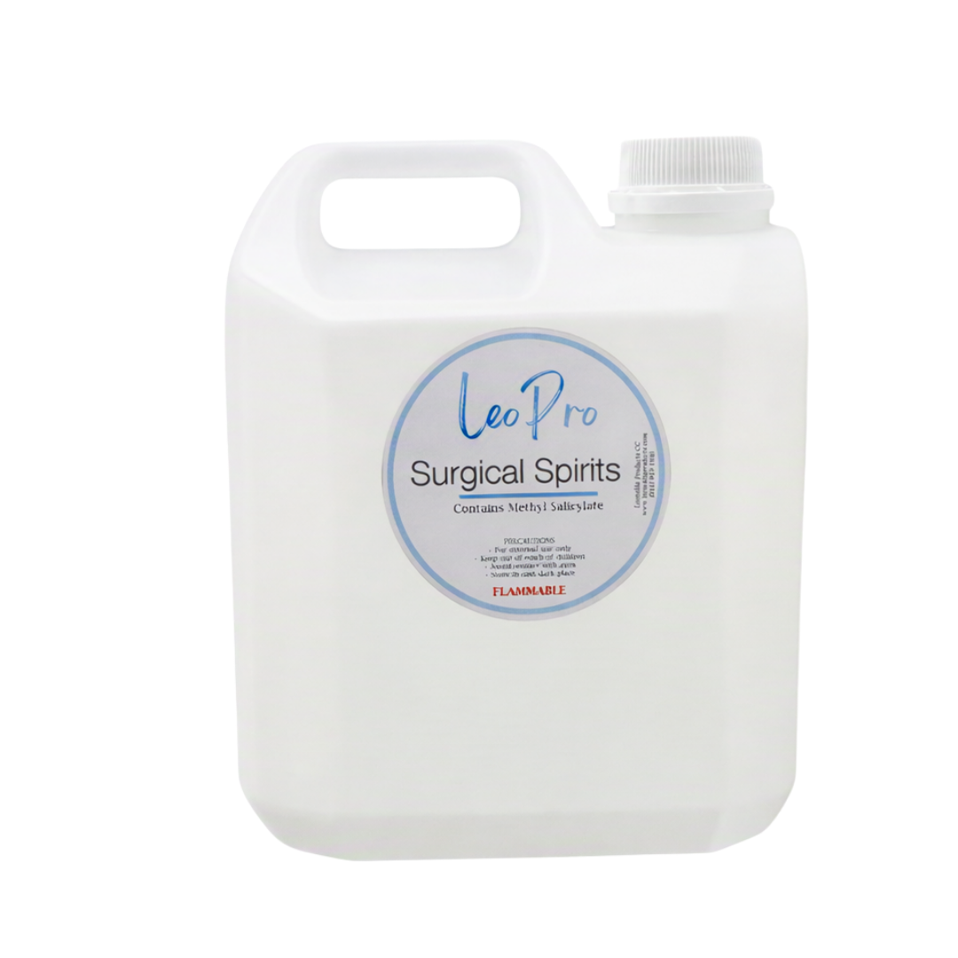 LeoPro Surgical Spirits 2.5 liter in clear plastic bottle with light blue and white labelling on a white background