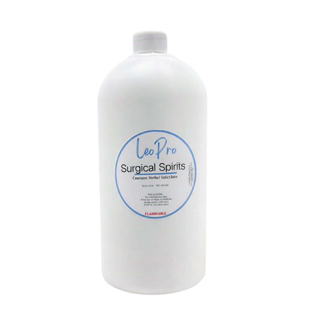 LeoPro Surgical Spirits 1litre in white plastic bottle with light blue and white labelling on a white background