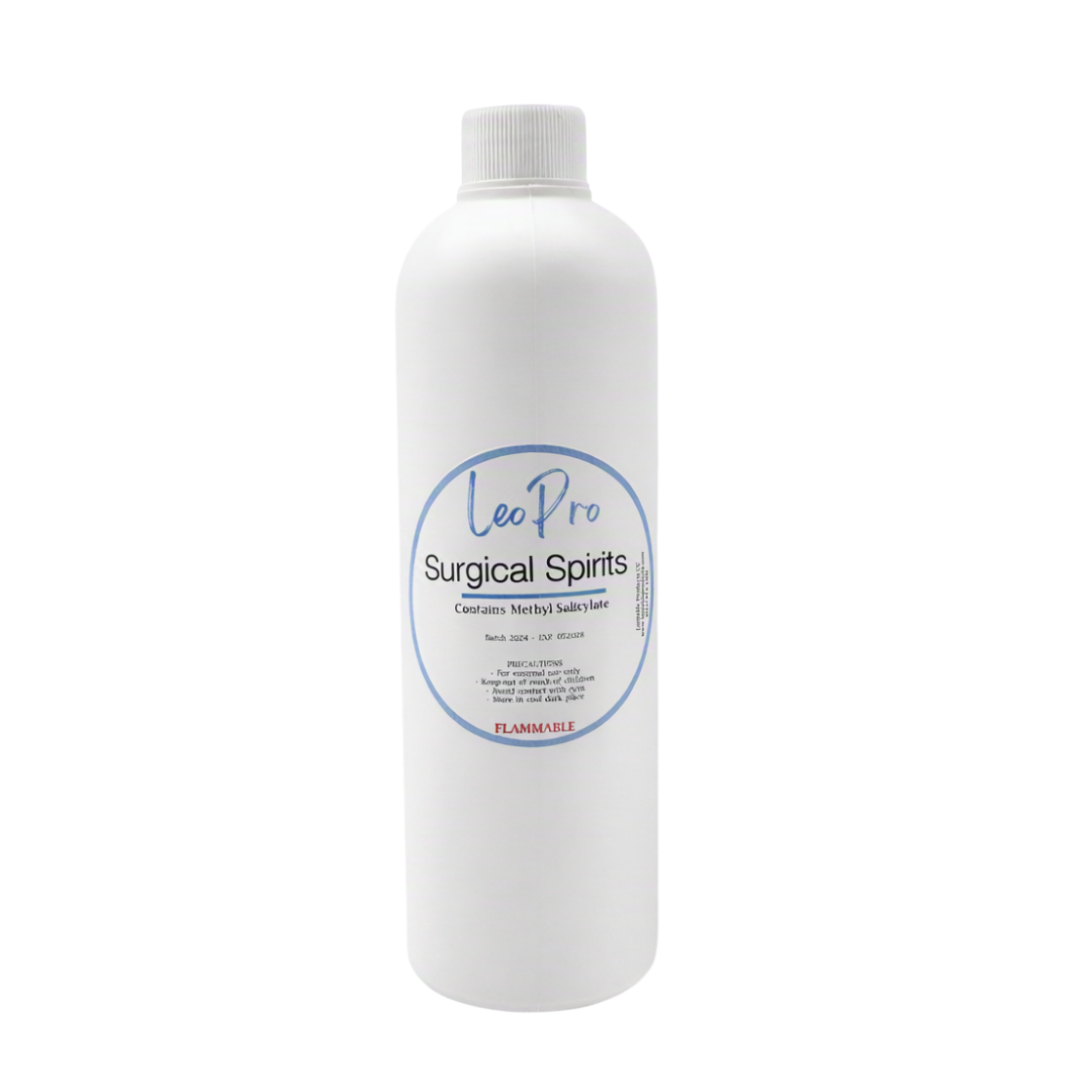LeoPro Surgical Spirits 500ml in white plastic bottle with light blue and white labelling on a white background