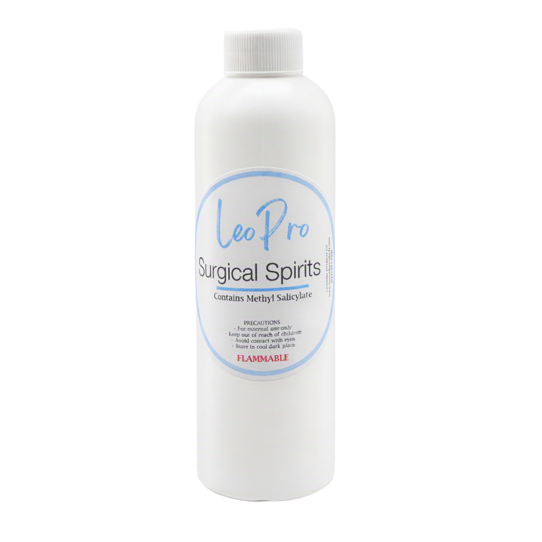 LeoPro Surgical Spirits 250ml in white plastic bottle with light blue and white labelling on a white background