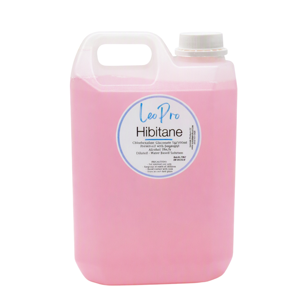LeoPro 2.5 liter diluted, ready to use Hibitane in white bottles on a white background