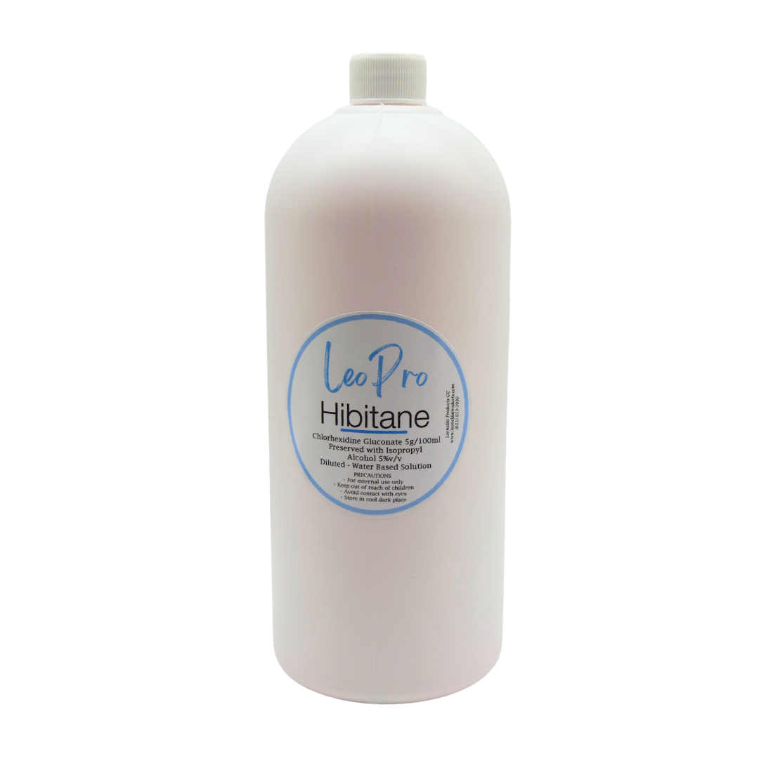 LeoPro 1 liter diluted, ready to use Hibitane in white bottles on a white background