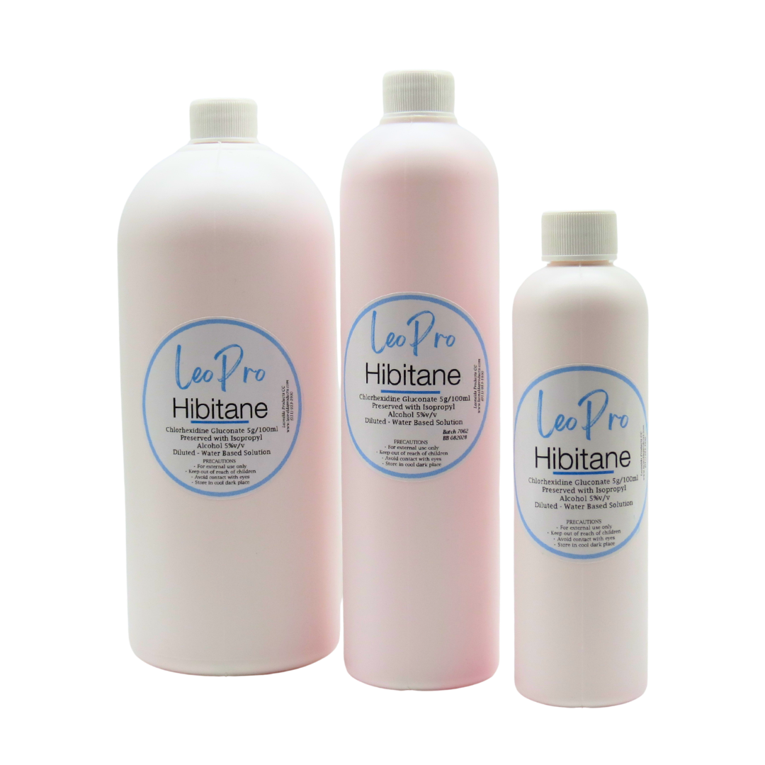 A collection of LeoPro diluted, ready to use Hibitane in white bottles on a white background
