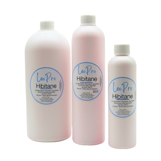 A collection of LeoPro diluted, ready to use Hibitane in white bottles on a white background
