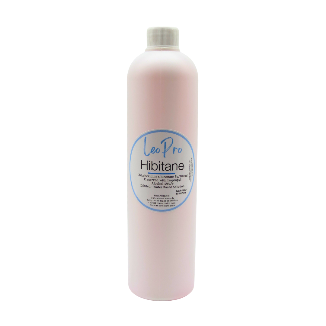 LeoPro 500ml diluted, ready to use Hibitane in white bottles on a white background