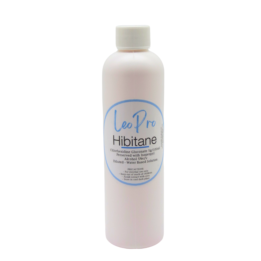 LeoPro 250ml diluted, ready to use Hibitane in white bottles on a white background