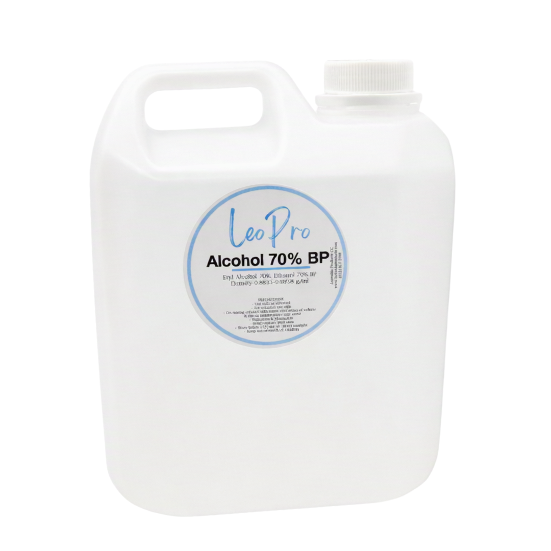A 2.5 liter clear bottle of LeoPro Alcohol 70% with blue and white labelling on a white background