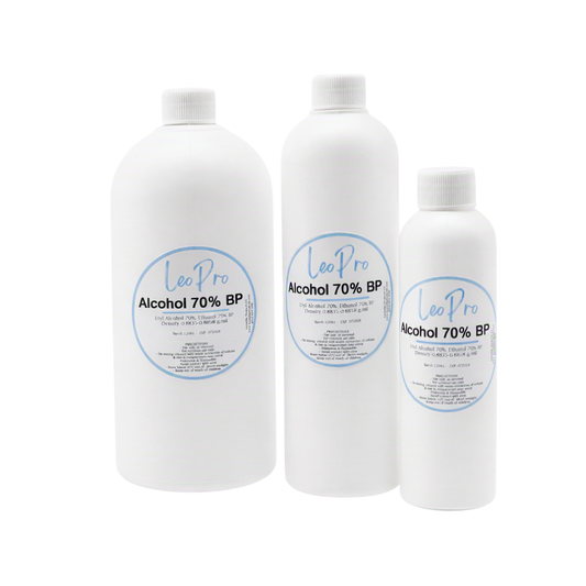 A collection of LeoPro Alcohol70% in white bottles with blue and white labelling on a white background