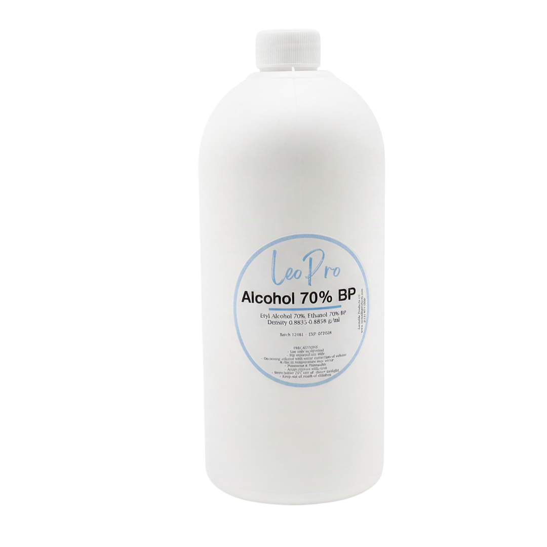 A 1 litre white bottle of LeoPro Alcohol 70% with blue and white labelling on a white background