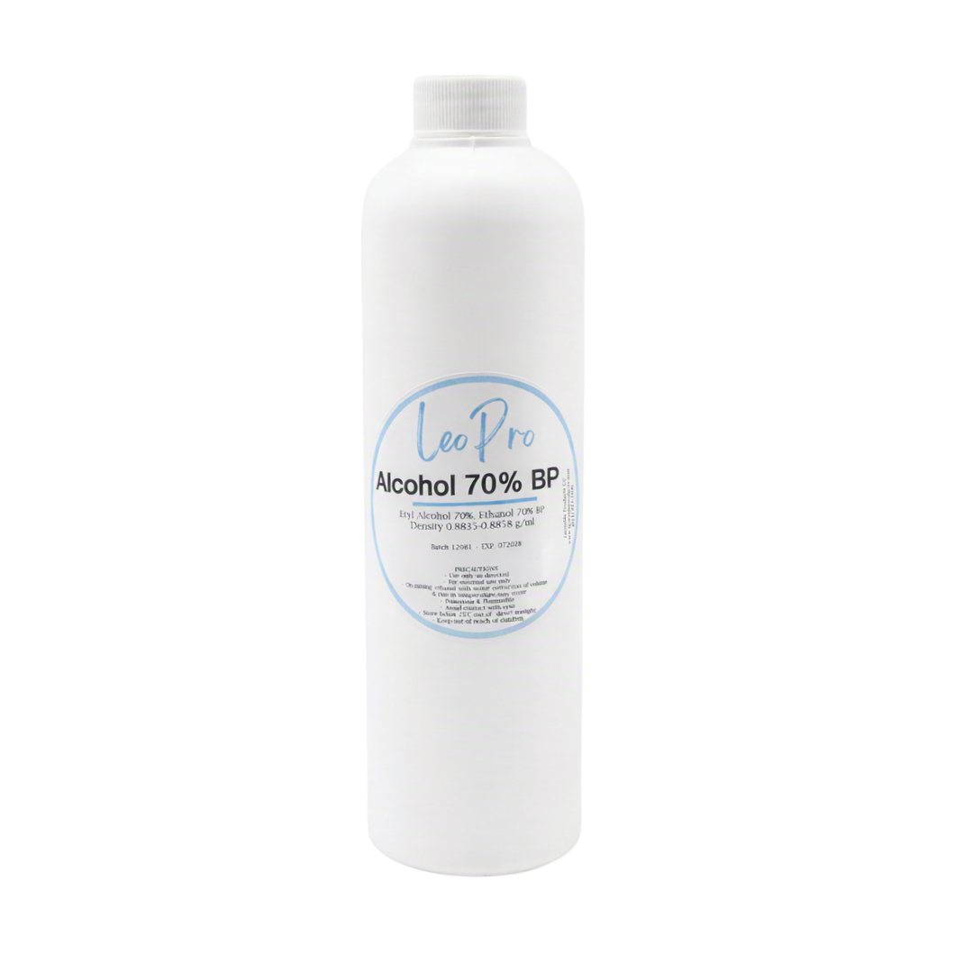 A 500ml white bottle of LeoPro Alcohol 70% with blue and white labelling on a white background