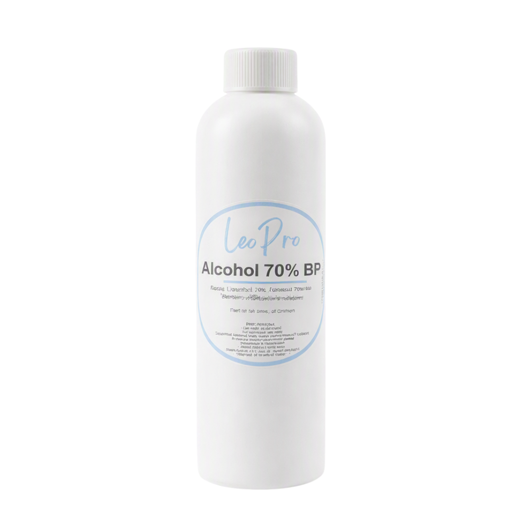 A 250ml white bottle of LeoPro Alcohol 70% with blue and white labelling on a white background