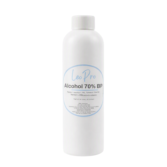 A 250ml white bottle of LeoPro Alcohol 70% with blue and white labelling on a white background