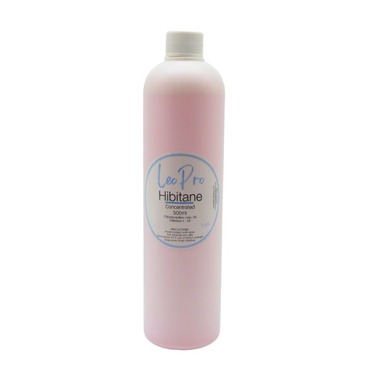 A 500ml white bottle of LeoPro Concentrated Hibitane with a white and blue label on a white background