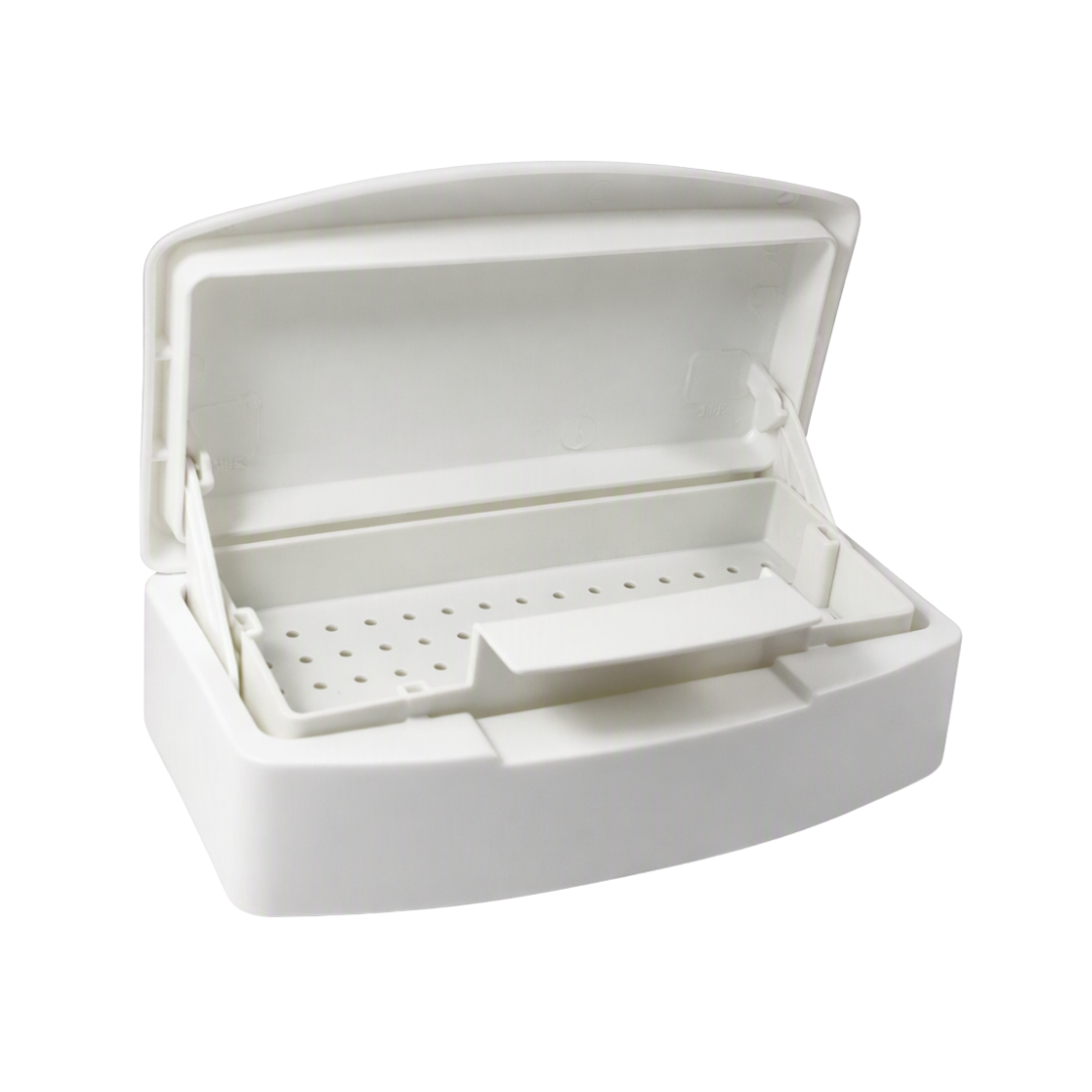 A white plastic sterilizing container with its lid open, showing a perforated tray and internal divider, isolated on a white background.