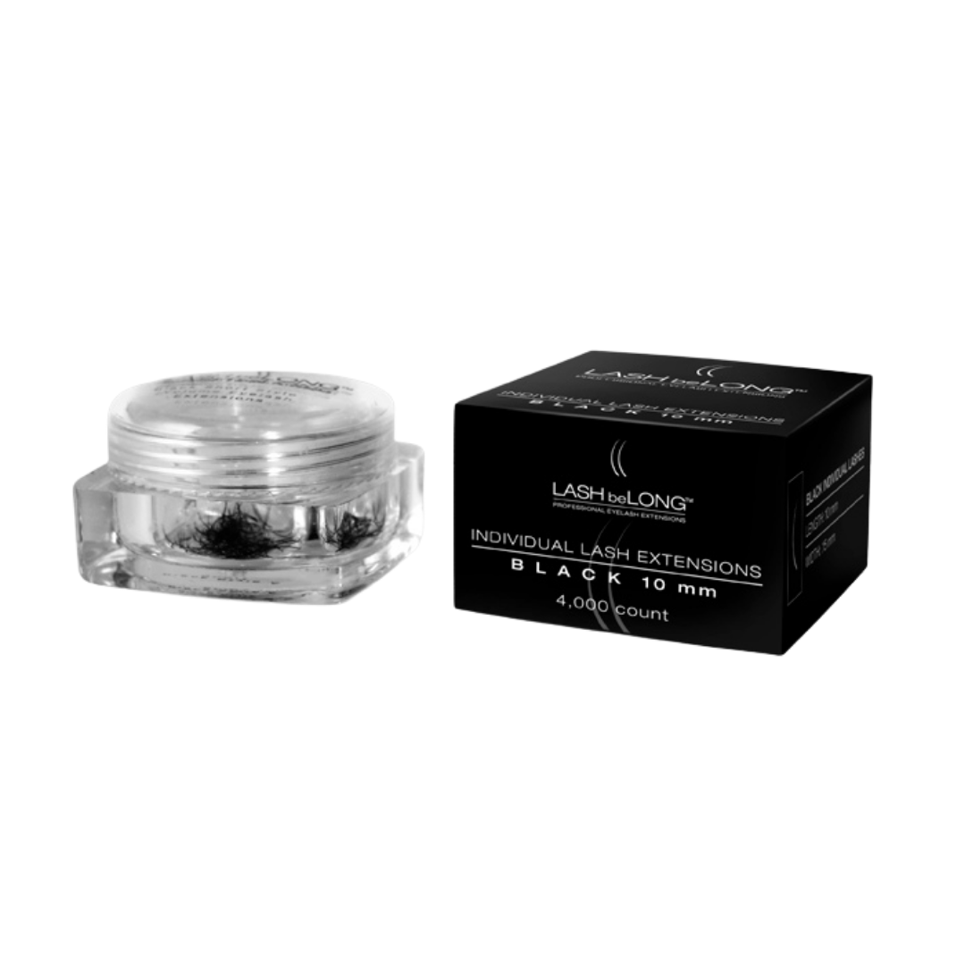 A small clear cosmetic jar containing black lash extensions next to its black retail box, both labeled LASH-be-LONG Individual Lash Extensions Black 8mm, 4,000 count.