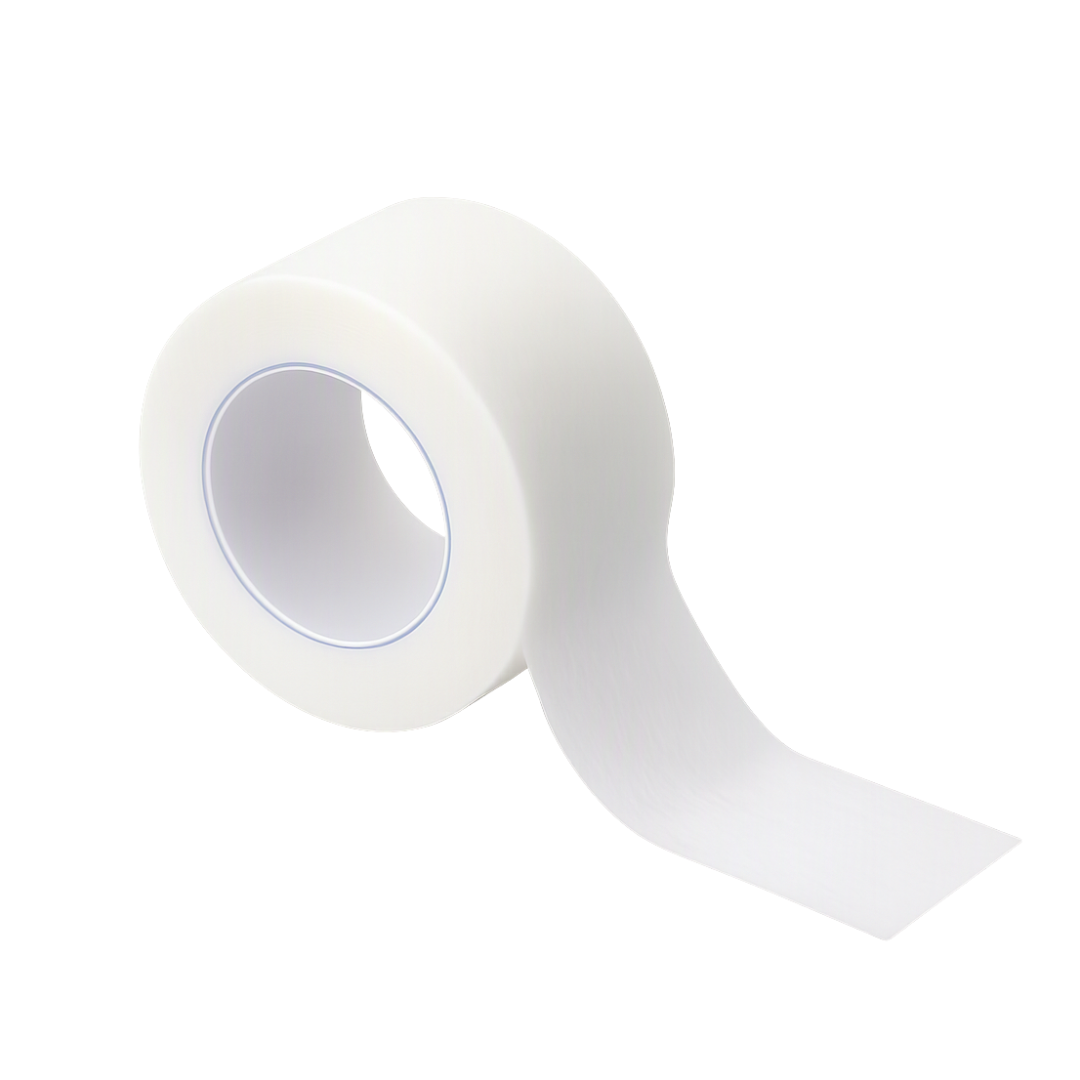 A roll of white adhesive tape with a strip unrolled, shown against a plain white background.