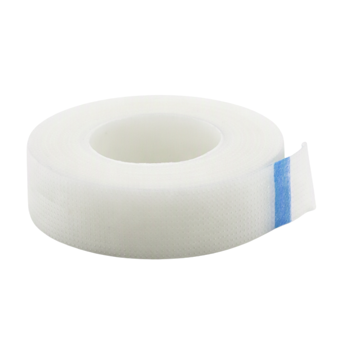 A roll of white adhesive bandage tape with a small blue edge strip, shown on a plain white background.