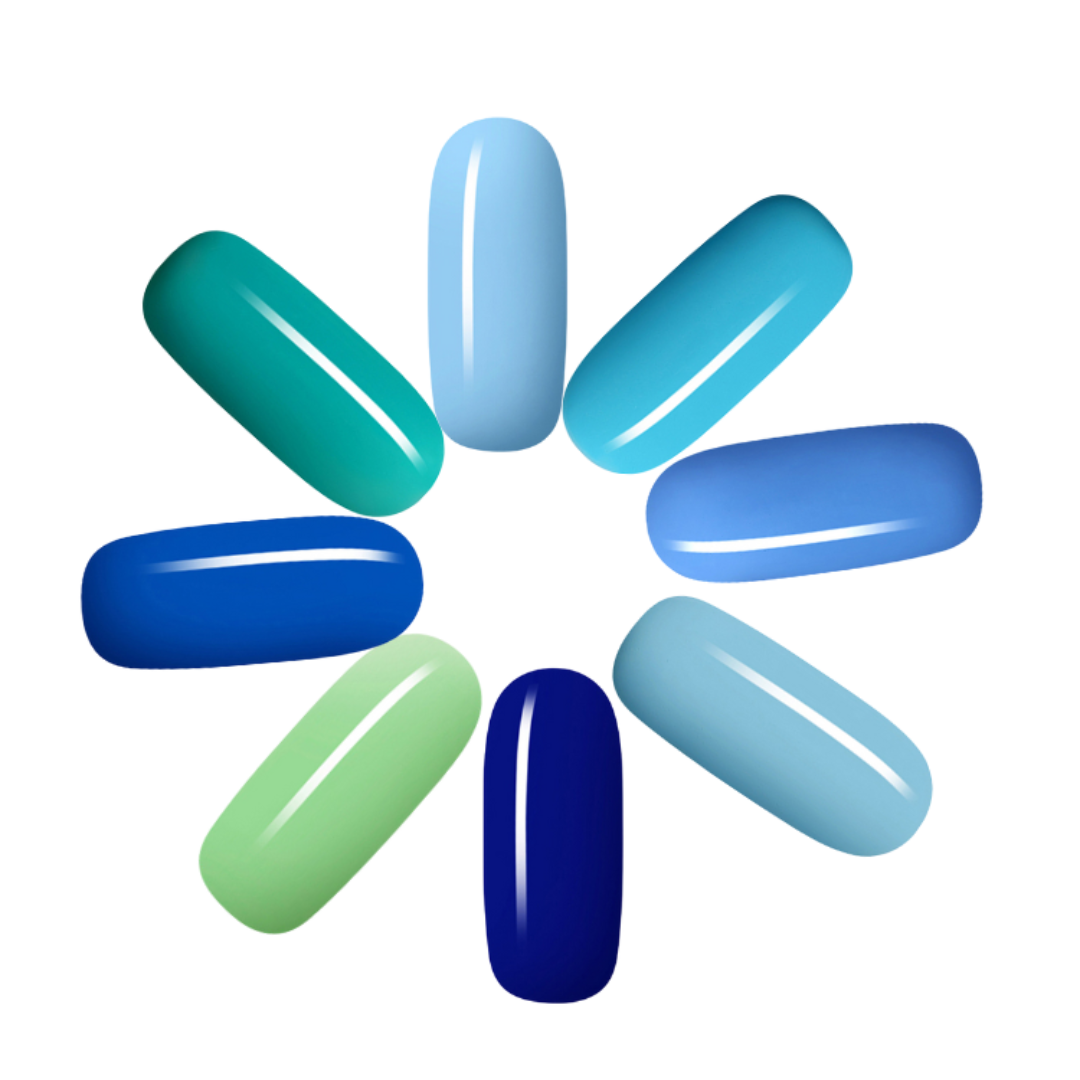 Eight glossy nail color swatches arranged in a circular pattern on a white background, showing shades of teal, light blue, medium blue, navy, pale blue, and mint green.