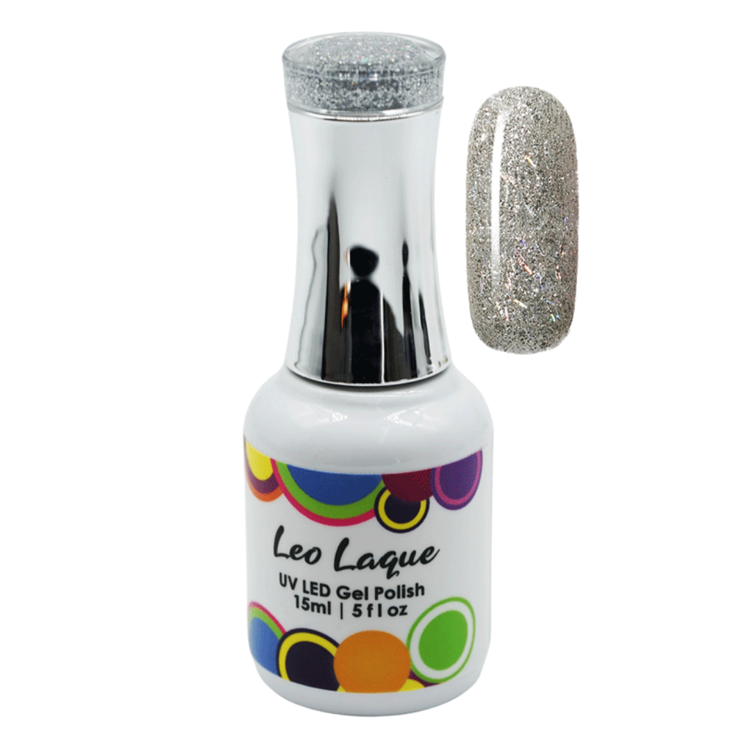 A bottle of Leo Laque UV LED gel polish with a silver glitter finish, shown alongside a nail swatch displaying the glittery silver color.