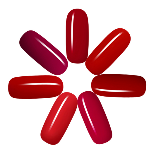 A collection of six red colored gel nail polish bottles arranged in a flower pattern against a white background.