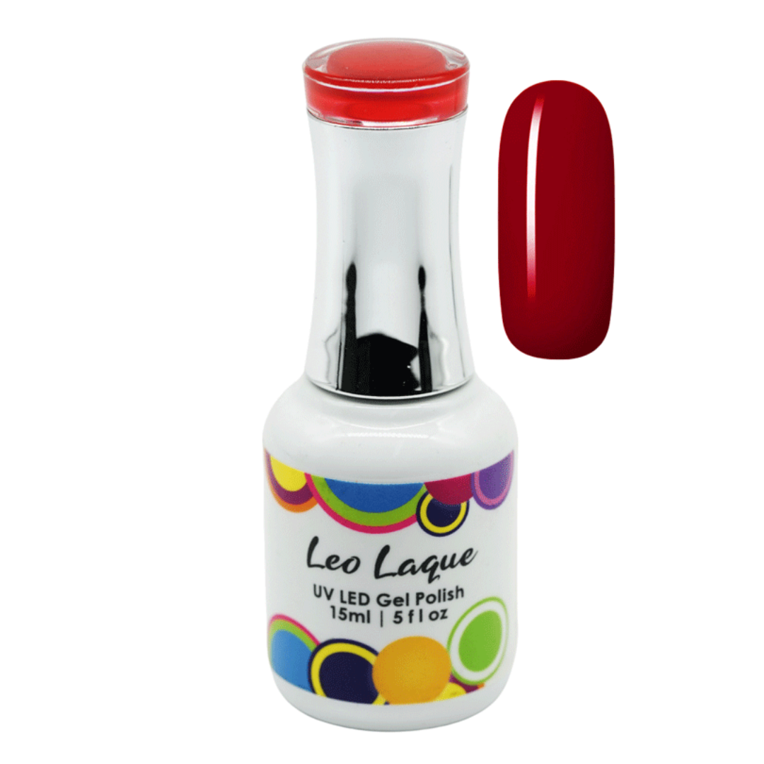 A bottle of Leo Laque UV LED Gel Polish in a vibrant red shade, shown alongside a matching glossy red nail swatch on a plain white background.