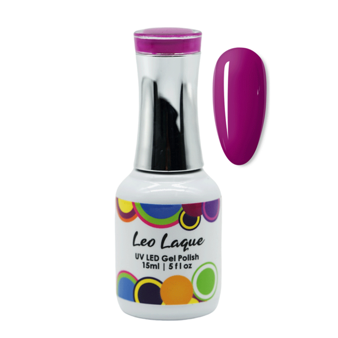 A bottle of Leo Laque UV LED Gel Polish in a vibrant magenta-purple shade, shown next to a matching nail color swatch on a plain white background.