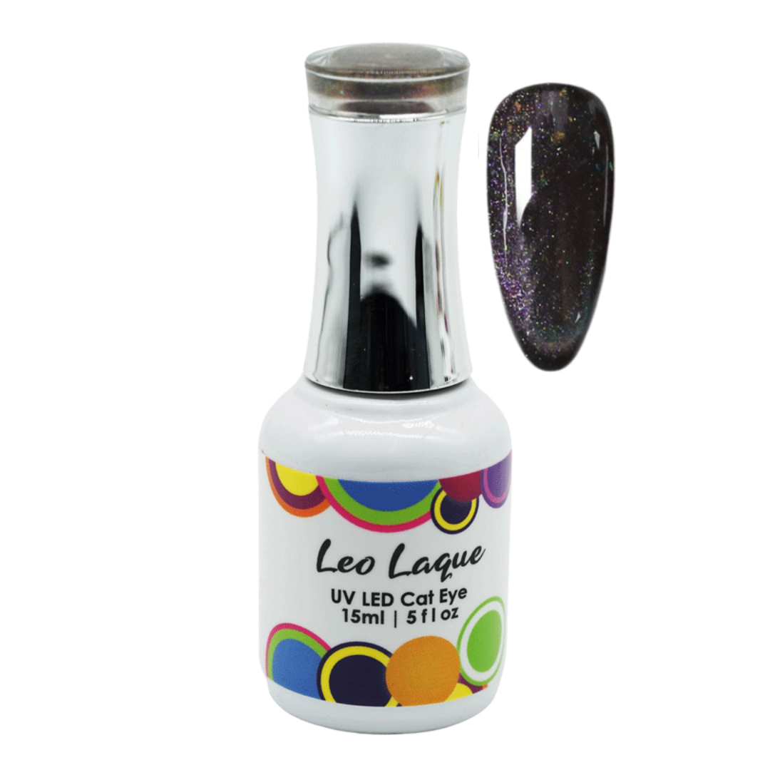 A bottle of Leo Laque UV LED Cat Eye gel nail polish with a silver cap and a dark purple glitter swatch showing the cat-eye effect, on a white background.