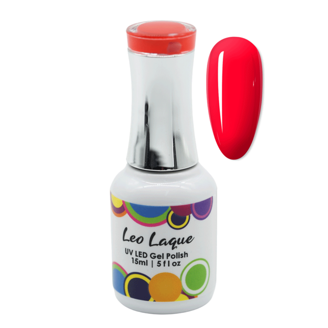 A bottle of Leo Laque UV LED Gel Polish in a vibrant red shade, shown alongside a matching red nail swatch on a plain white background.