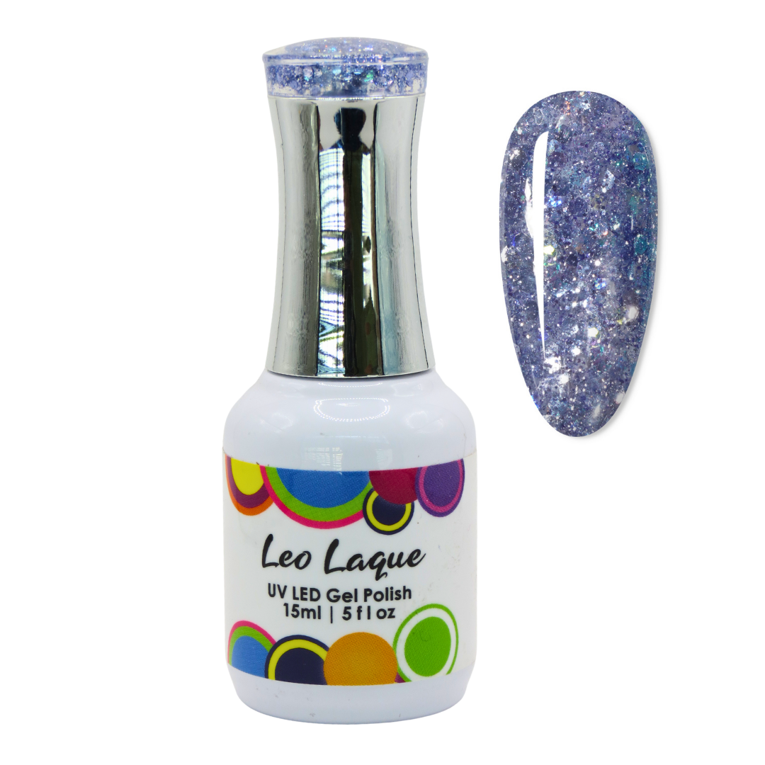 A bottle of Leo Laque UV LED gel polish with a silver cap and a color swatch showing a glittery lavender-blue nail finish, on a white background.