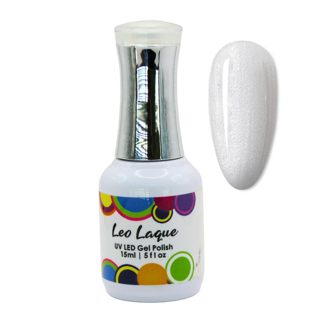 A bottle of Leo Laque UV LED gel nail polish with a silver cap and a white label, shown next to a glossy white swatch of the glitter polish on a plain white background.