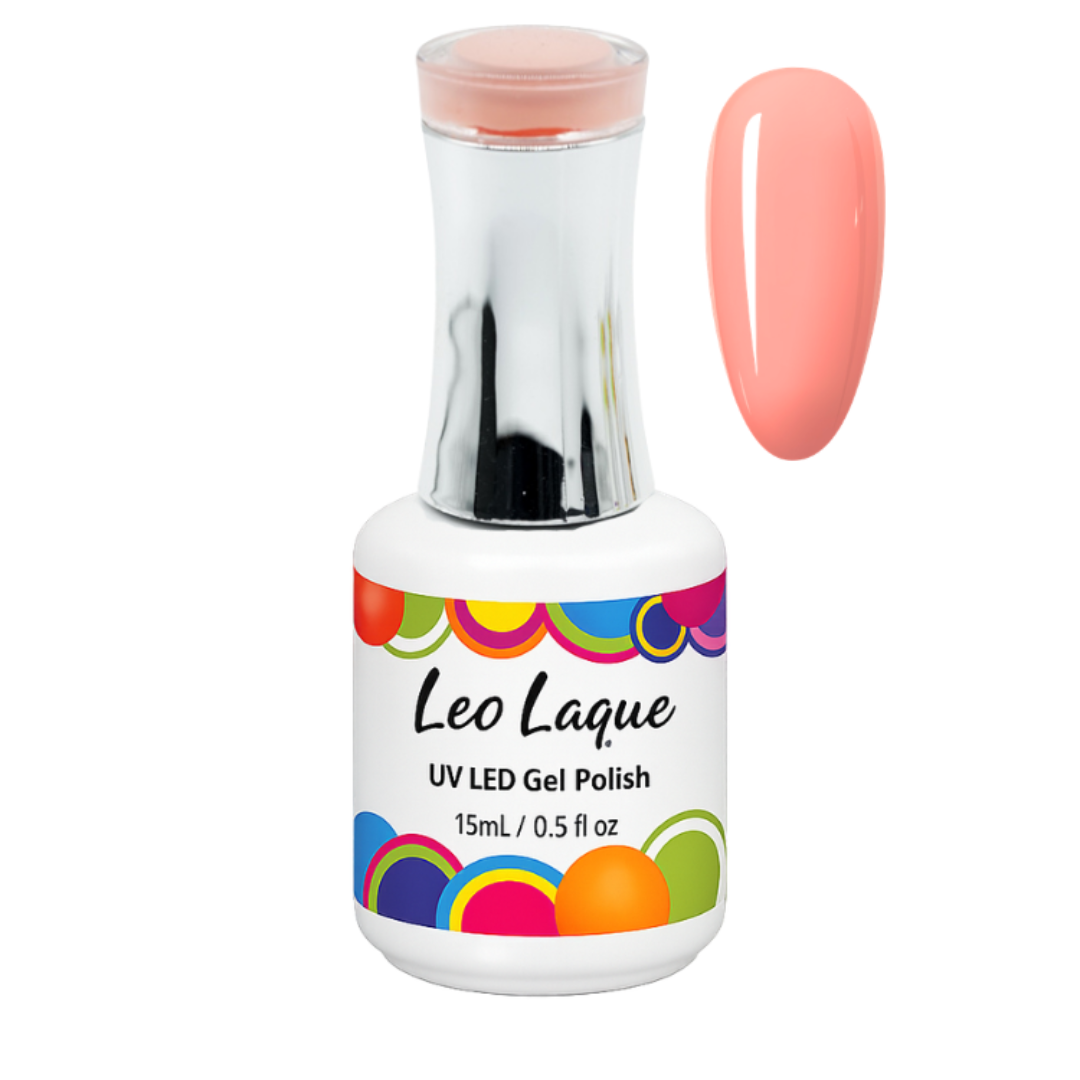 LL436 LEO LAQUE Jelly Flip Flops UV LED Gel Polish 15ml | Leo Laque UV LED Gel Polish bottle with a sample of peach-colored nail polish on a white background