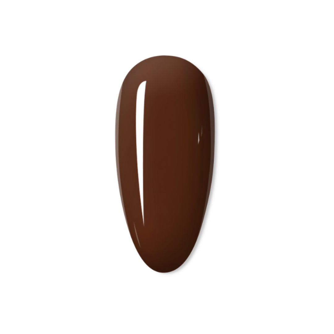 A glossy, smooth, teardrop-shaped Leo Laque Gel color swatch displaying a rich dark brown shade, set against a clean white background.