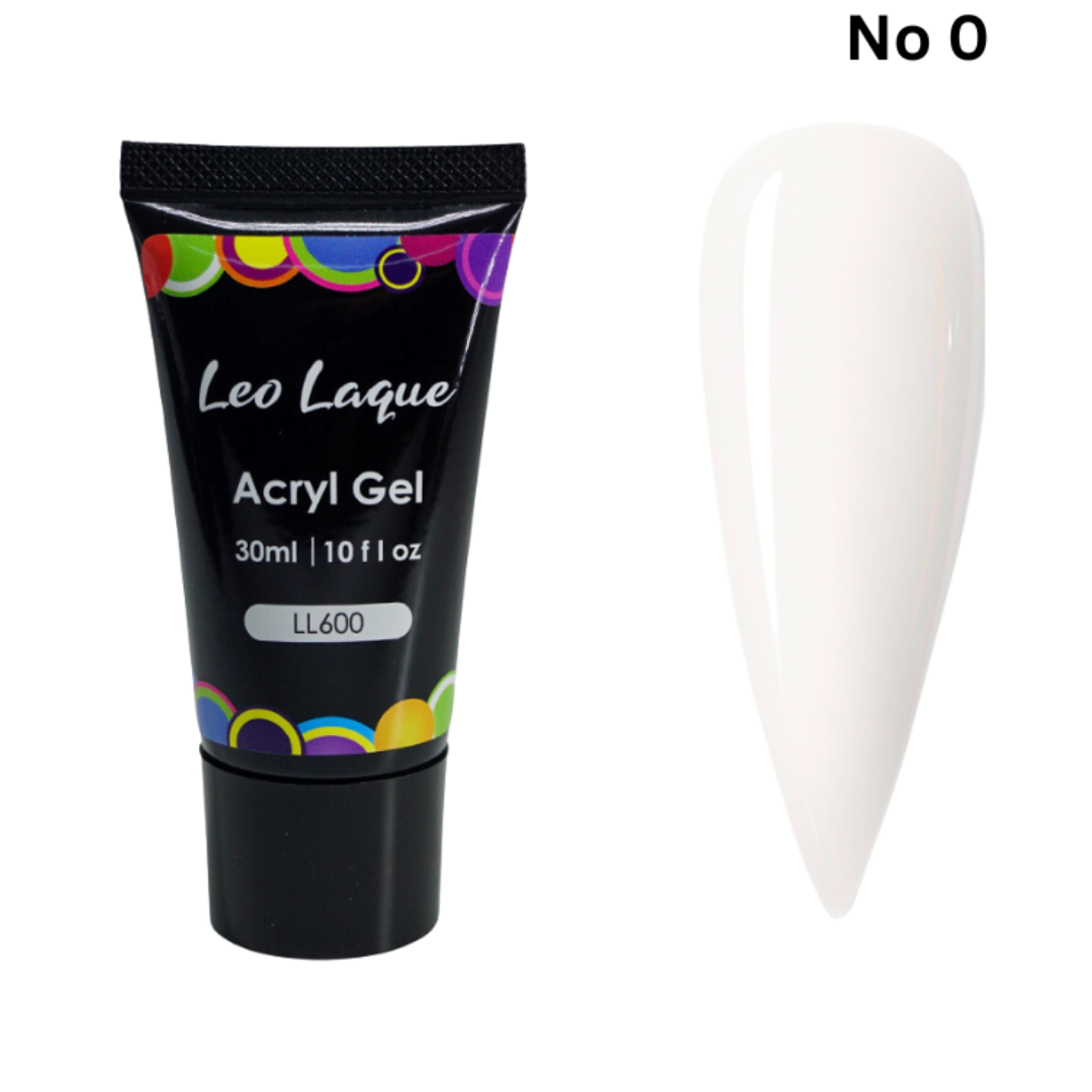 A tube of LeoLaque Acryl Gel with a colorful label, and a white nail art form next to it, indicating the product is used for nail extensions or enhancements.
