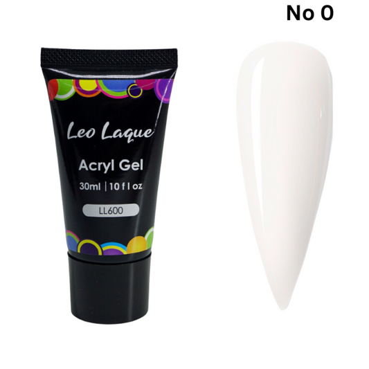 A tube of LeoLaque Acryl Gel with a colorful label, and a white nail art form next to it, indicating the product is used for nail extensions or enhancements.