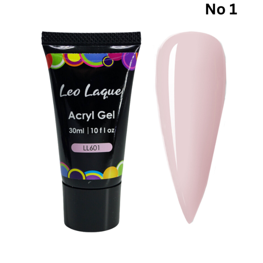 A tube of LeoLaque Acryl Gel with a colorful label and a light pink nail swatch on a white background