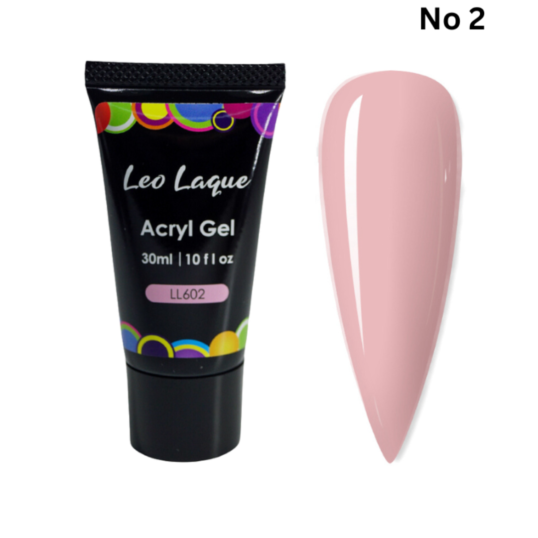 A tube of LeoLaque Acryl Gel with a colorful label, alongside a sample nail color swatch in medium pink