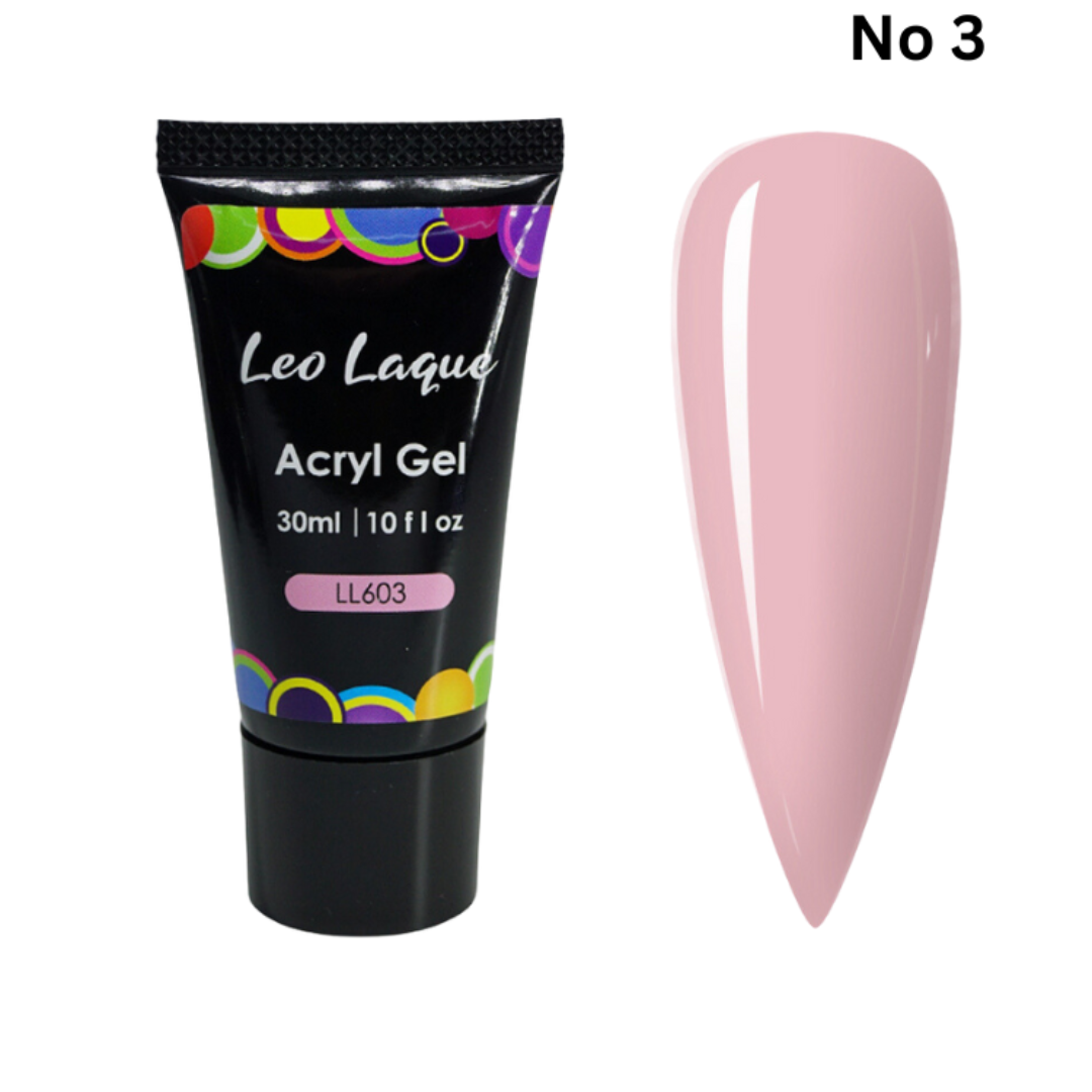 A tube of LeoLaque Acryl Gel with a colorful label, next to a pink nail extension form.