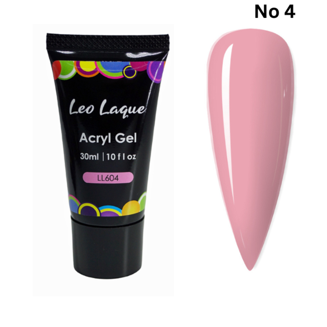 A tube of LeoLaque Acryl Gel with a colorful label, and a sample nail color swatch shown in pink.