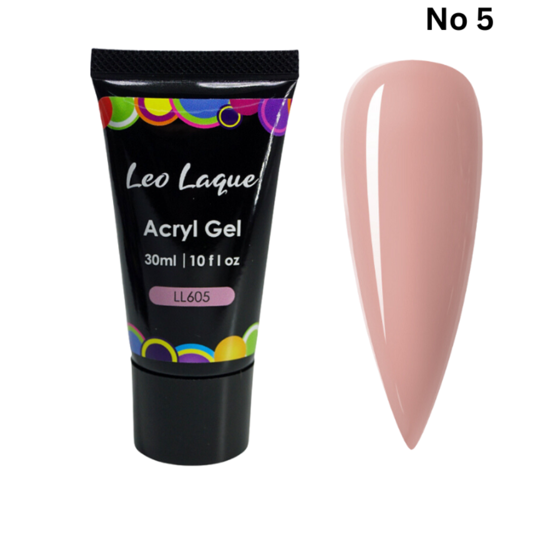 A tube of LeoLaque Acryl Gel with a colorful label, and a sample nail extension showing the product's application.