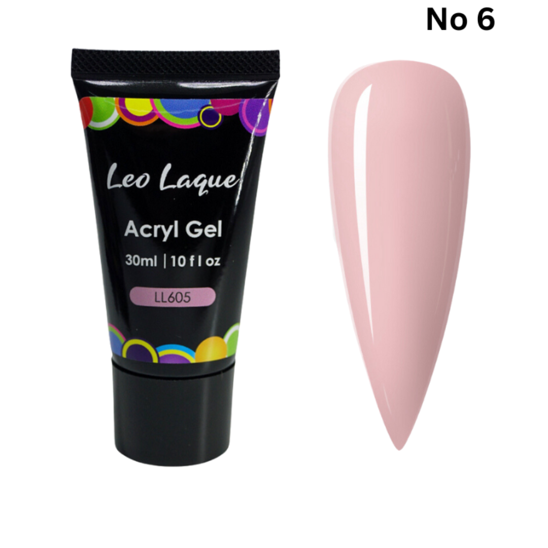 A tube of Leo Laque Acryl Gel nail polish shade LL605 next to a glossy pink nail tip swatch on a white background, with the shade number 'No 6' in the top right corner.