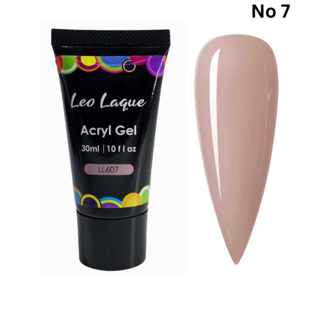 A tube of LeoLaque Acryl Gel with a colorful label, and a sample nail color swatch beside it.