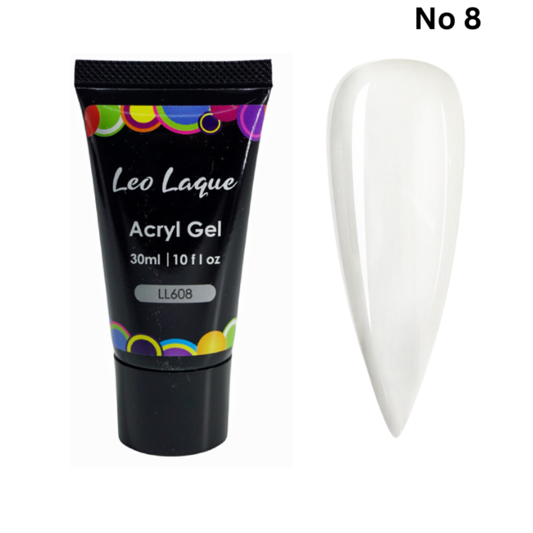 A tube of Leo Laque Acryl Gel nail polish shade No 8 next to a white artificial nail tip on a light gray background.