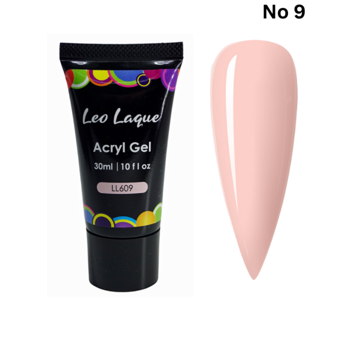 Leo Laque Acryl Gel nail polish tube in shade LL609 next to a swatch of the pale pink gel polish, with 'No 9' text at the top right, on a white background.