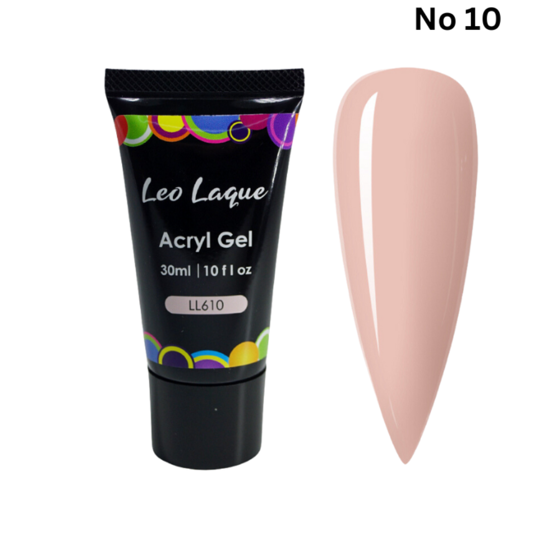 A tube of Leo Laque Acryl Gel nail polish in shade No 10, shown next to a large color swatch of the glossy nude-pink gel polish.