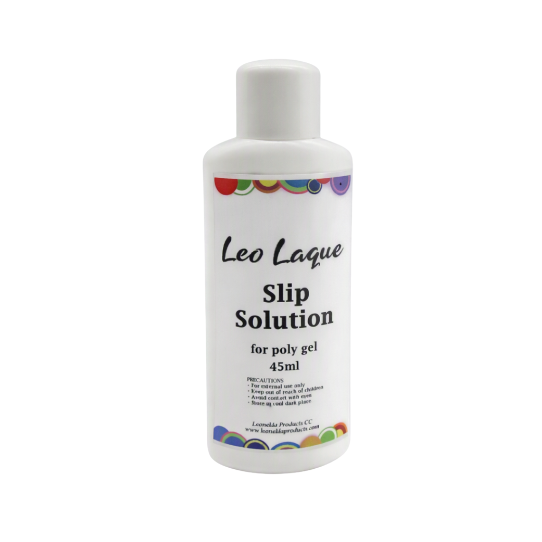 A white plastic bottle of Leo Laque Slip Solution for poly gel, 45ml, on a plain white background.