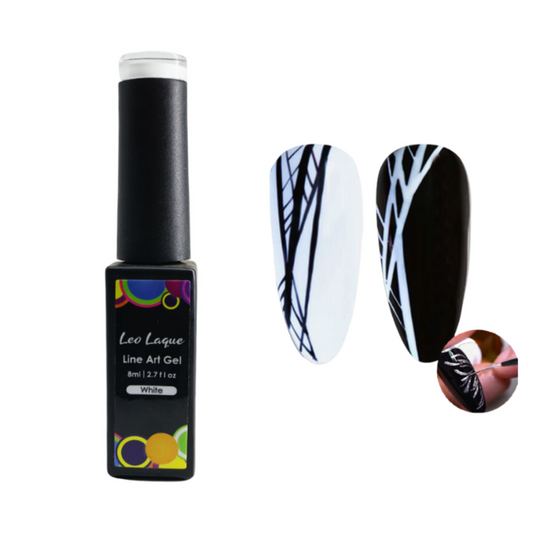 A bottle of LeoLaque Line Art Gel with a black cap, alongside a pair of sample nail art designs showing the gel's application.