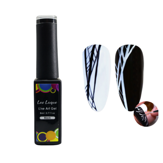 A bottle of Leo Laque L'ne Art Gel nail polish in the shade 102, shown next to two artificial nail tips demonstrating a black and white abstract line pattern, with a circular inset showing the gel applied to a natural nail.