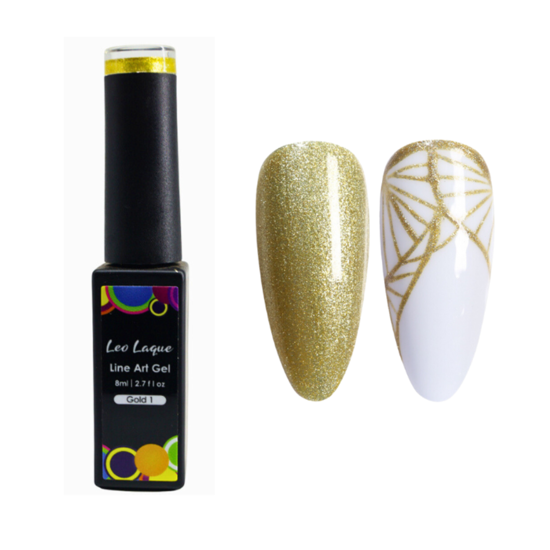 Leo Laque Line Art Gel nail polish bottle shown next to two artificial nail tips demonstrating the effect: one glittery gold tip and one white tip with gold line-art pattern.
